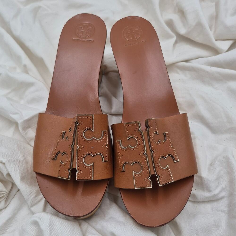 Tory Burch Ines Wedge Slide Double T logo Tan leather Sandal Women's size 9.5